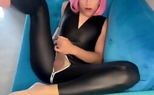 pretty femboy sissy in catsuit toy bang with sperm